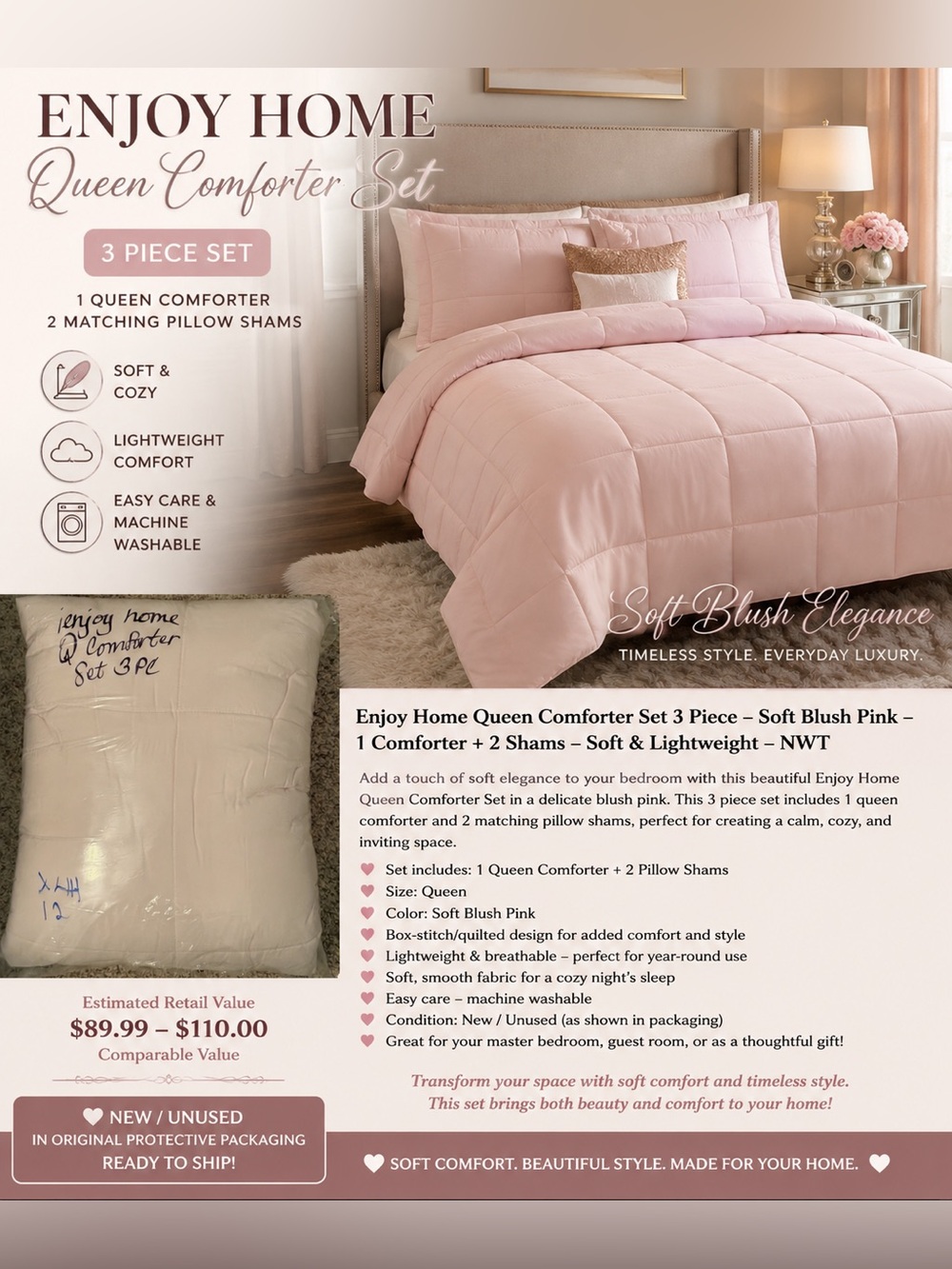 Enjoy Home Queen 3 Pc Comforter Set Blush Pink Quilted Bedding NEW